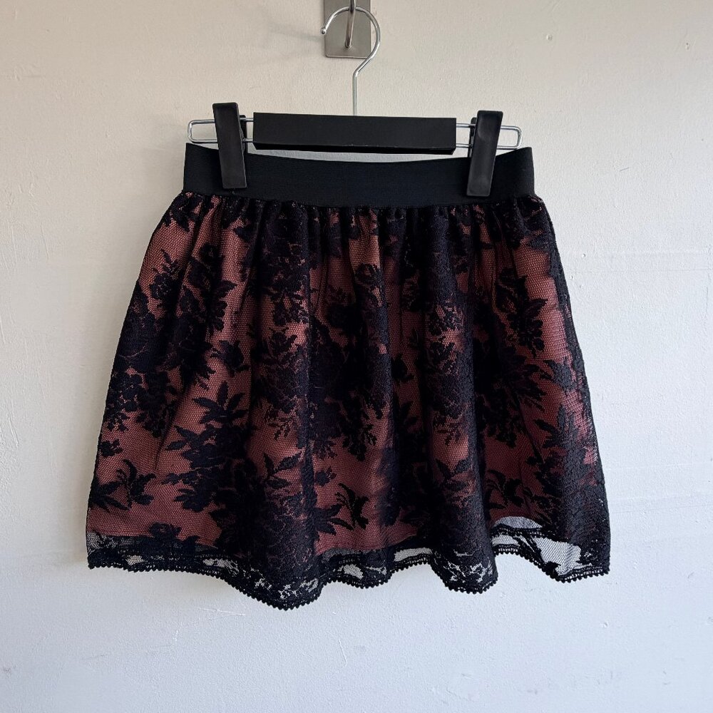 Black Lace Mini Skirt with Pink Lining